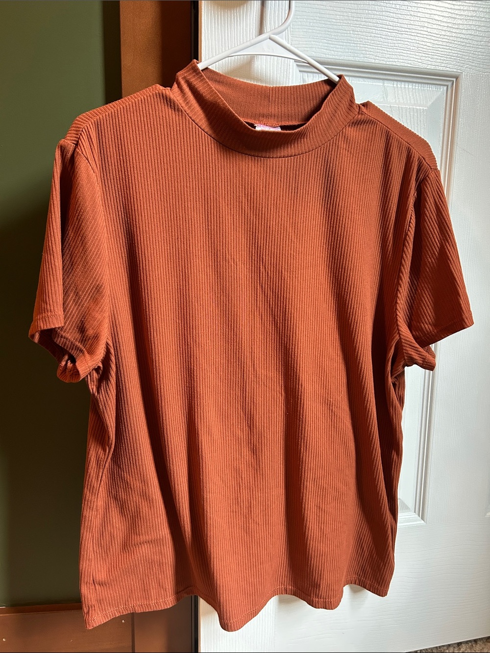Women’s Ribbed Short-Sleeve Shirt in Rust, fits like women’s M-L